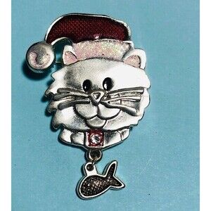 Vintage SANTA CAT w/ Dangling FISH PIN